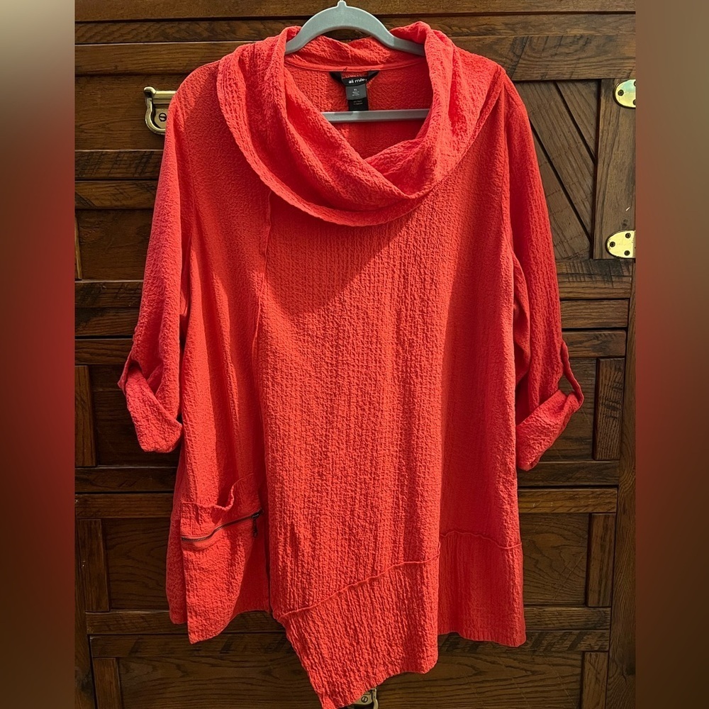 Ali Miles Boho Asymmetrical Tunic Gauzy Cowl-Neck Lagenlook Zip Pocket Sz XL - Picture 2 of 10